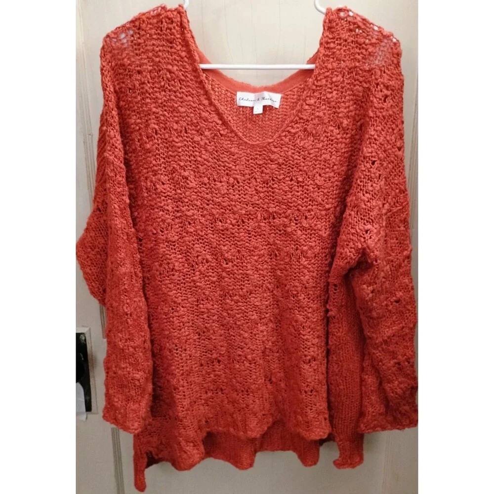 Chelsea & Theodore Women's Large Coral Open Knit Sweater Bell Sleeve